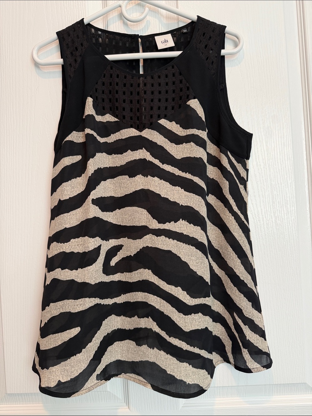 CAbi Black and Cream Zebra-Print Mesh Yoke Camisole